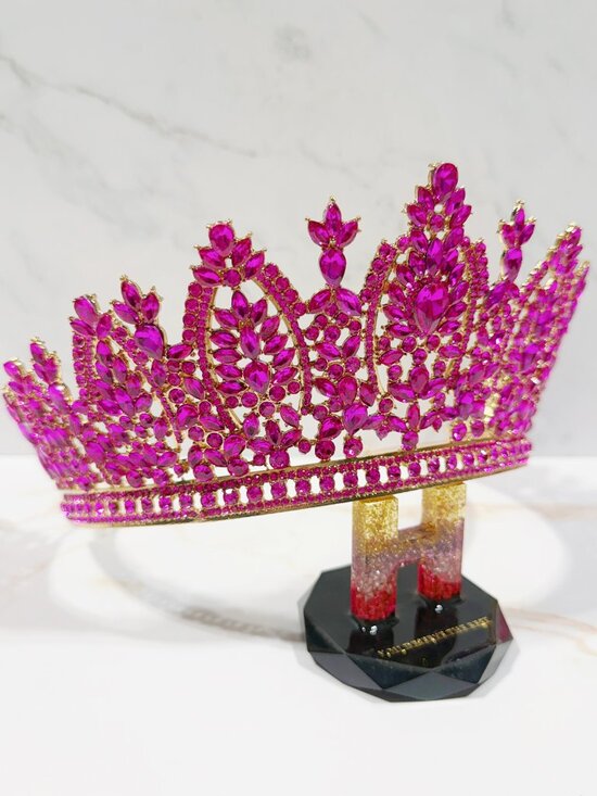 Fuchsia Color Rhinestone Tiara, Queen Crown, Gold Pageant Crown, Birthday Crown main image 8